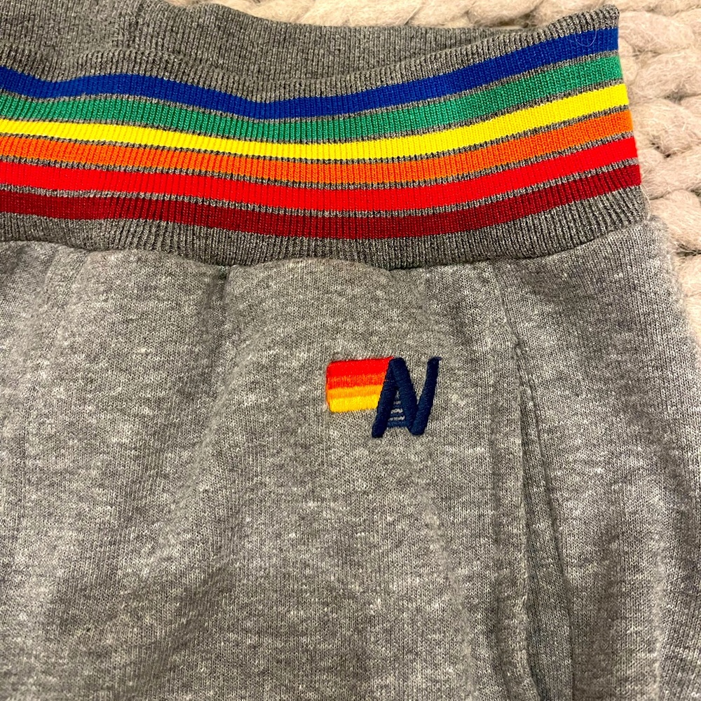 Aviator Nation Gray Sweat Track Joggers with Rainbow Stripe Waistband